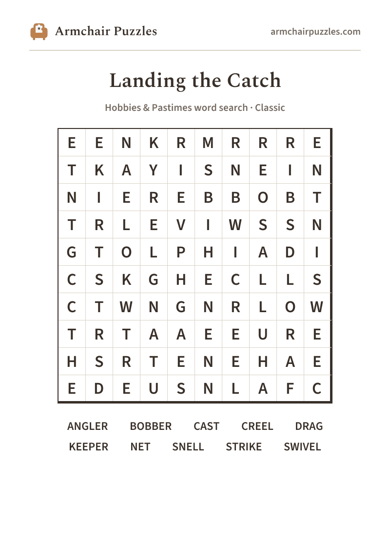 The printable Landing the Catch word search sheet: large-print Classic grid with its word list