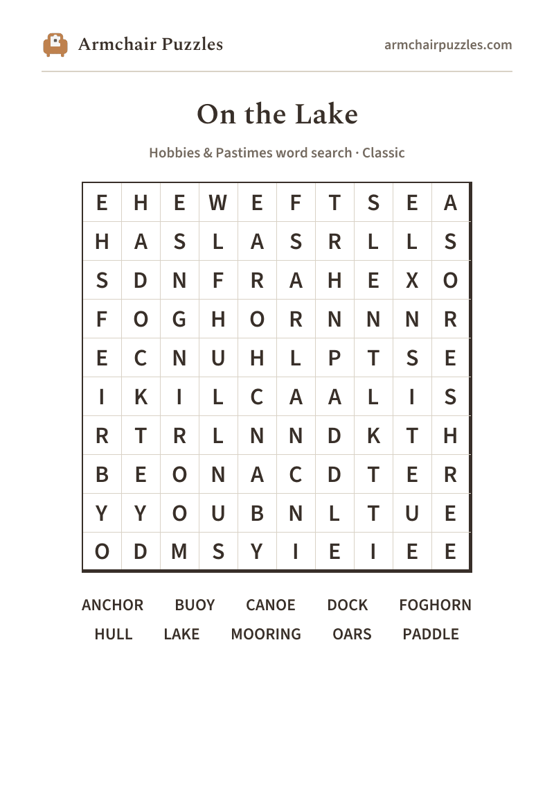 The printable On the Lake word search sheet in large print