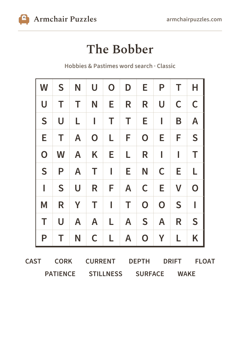 The printable The Bobber word search sheet in large print