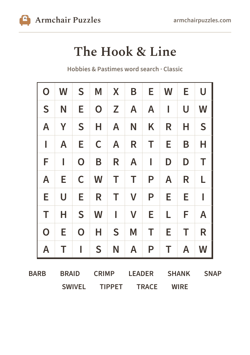 The printable The Hook & Line word search sheet: large-print Classic grid with its word list