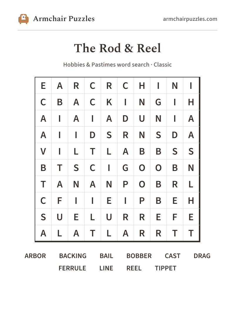 The printable The Rod & Reel word search sheet: large-print Classic grid with its word list