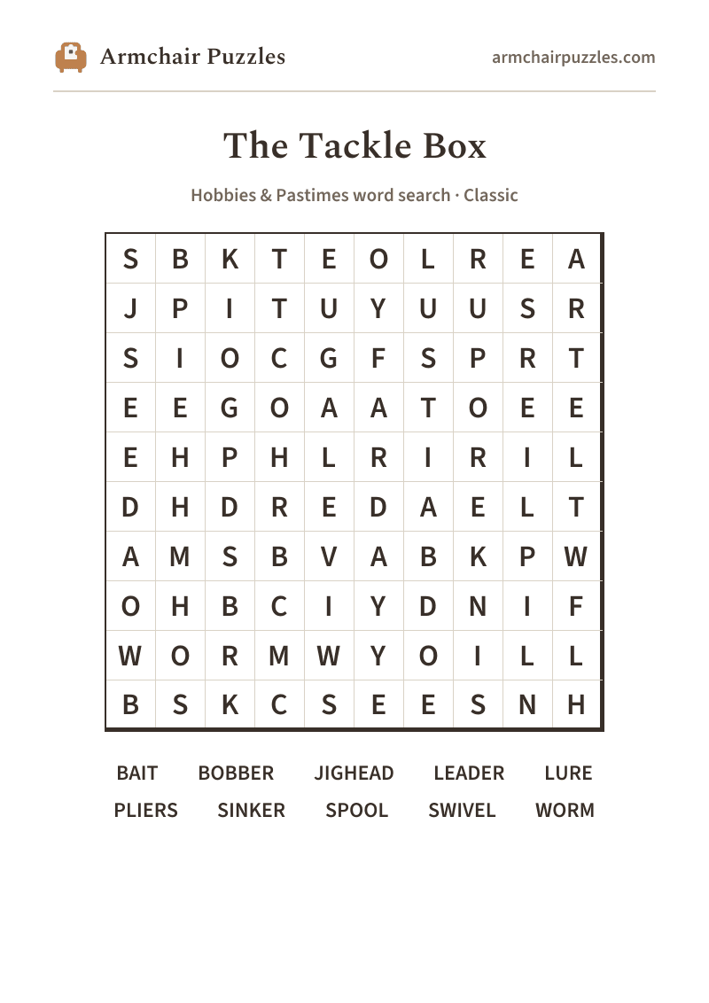 The printable The Tackle Box word search sheet: large-print Classic grid with its word list