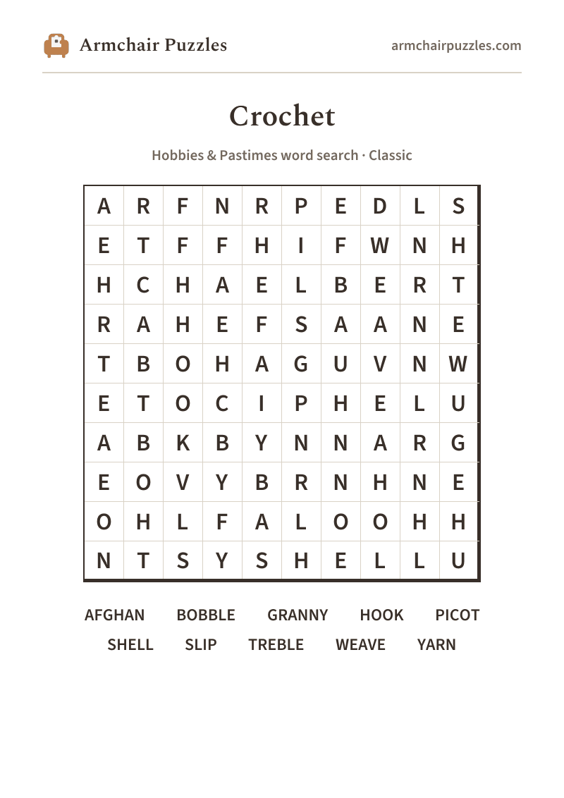 The printable Crochet word search sheet