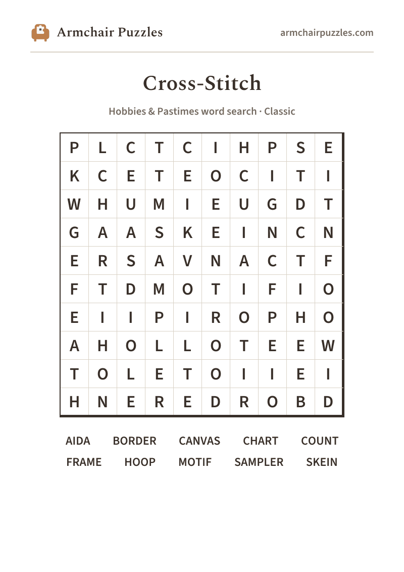 The printable Cross-Stitch word search sheet