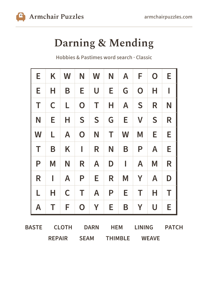The printable Darning & Mending word search sheet: large-print Classic grid with its word list