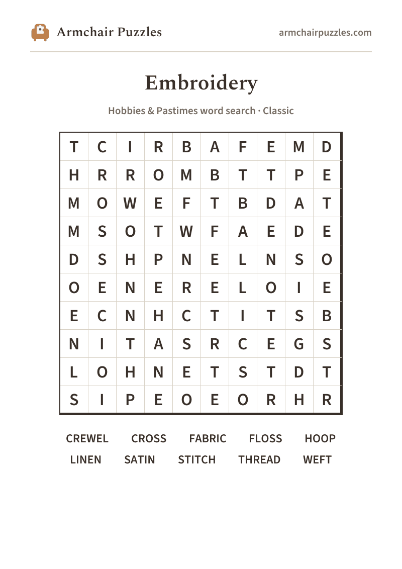 The printable Embroidery word search sheet in large print