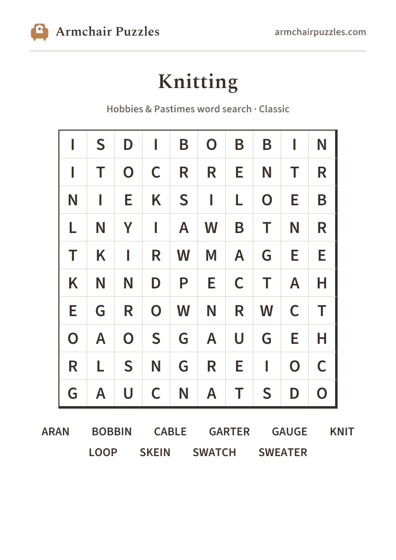 The printable Knitting word search sheet