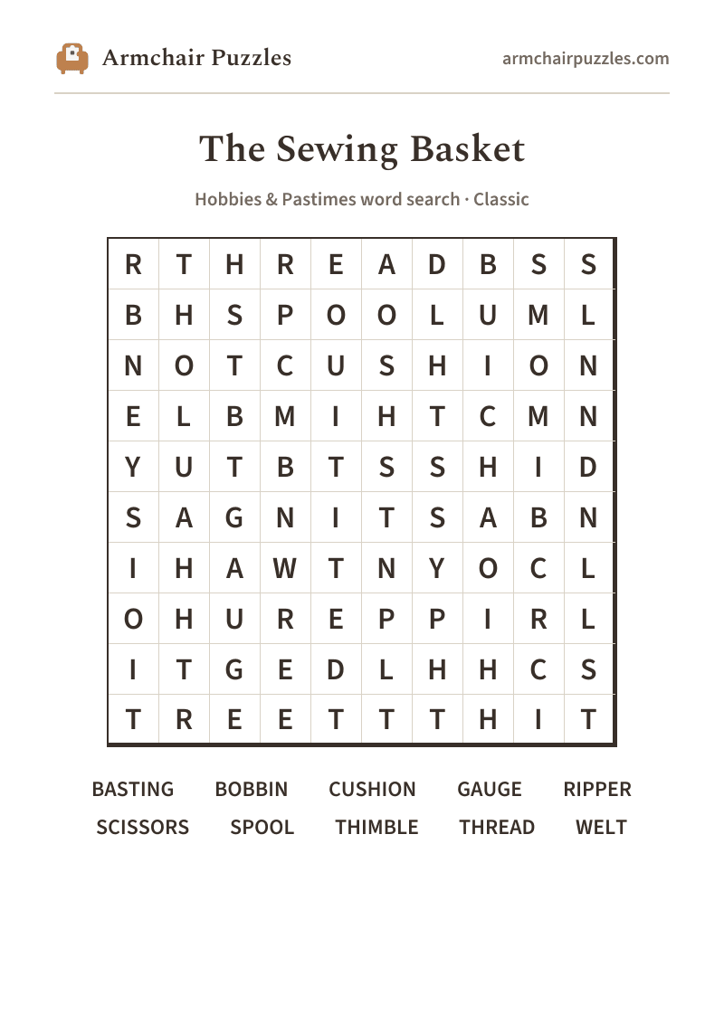 The printable The Sewing Basket word search sheet in large print