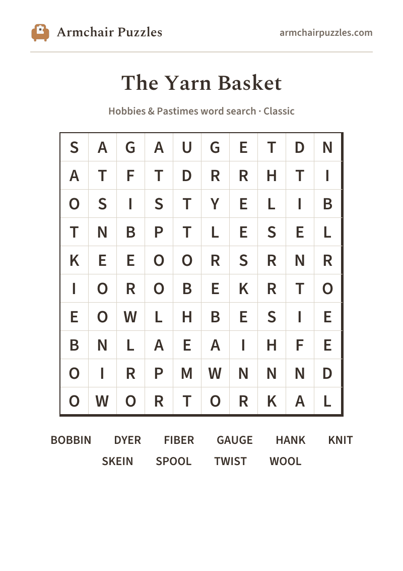 The printable The Yarn Basket word search sheet