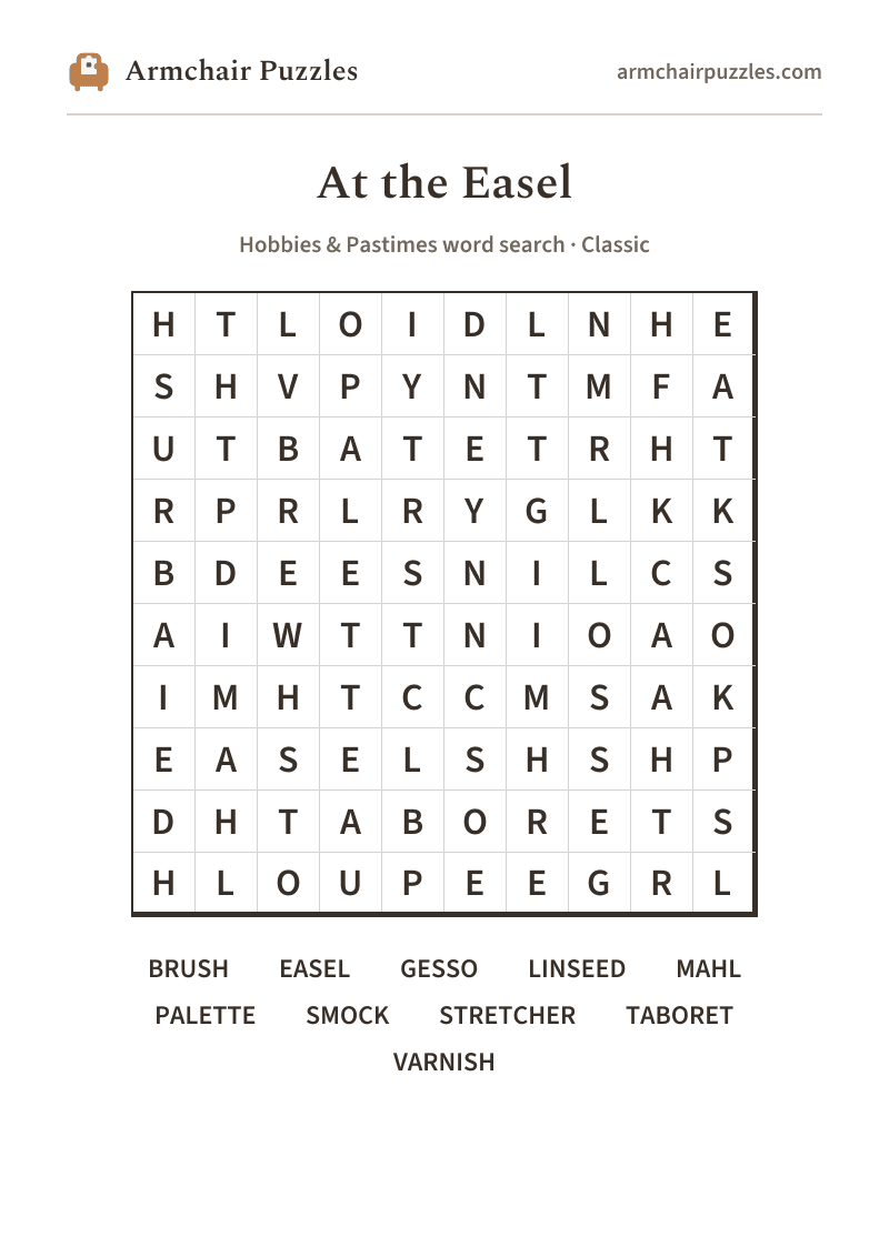 The printable At the Easel word search sheet