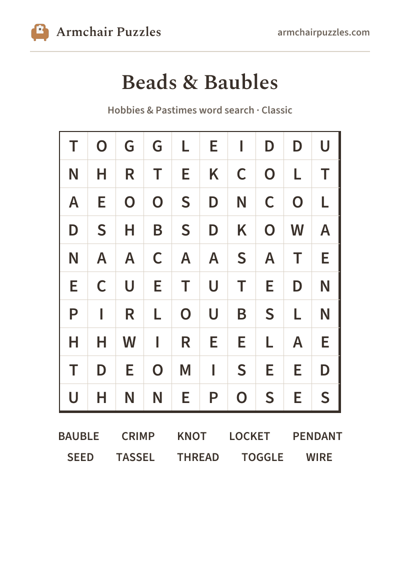 The printable Beads & Baubles word search sheet: large-print Classic grid with its word list