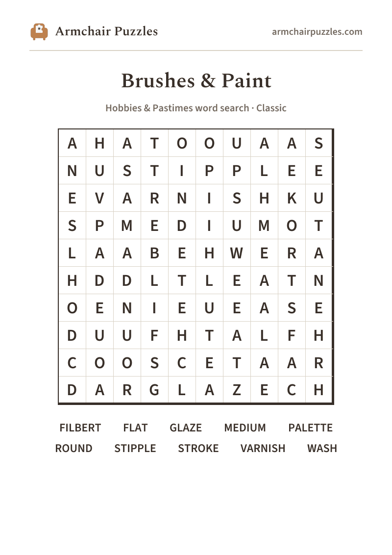 The printable Brushes & Paint word search sheet