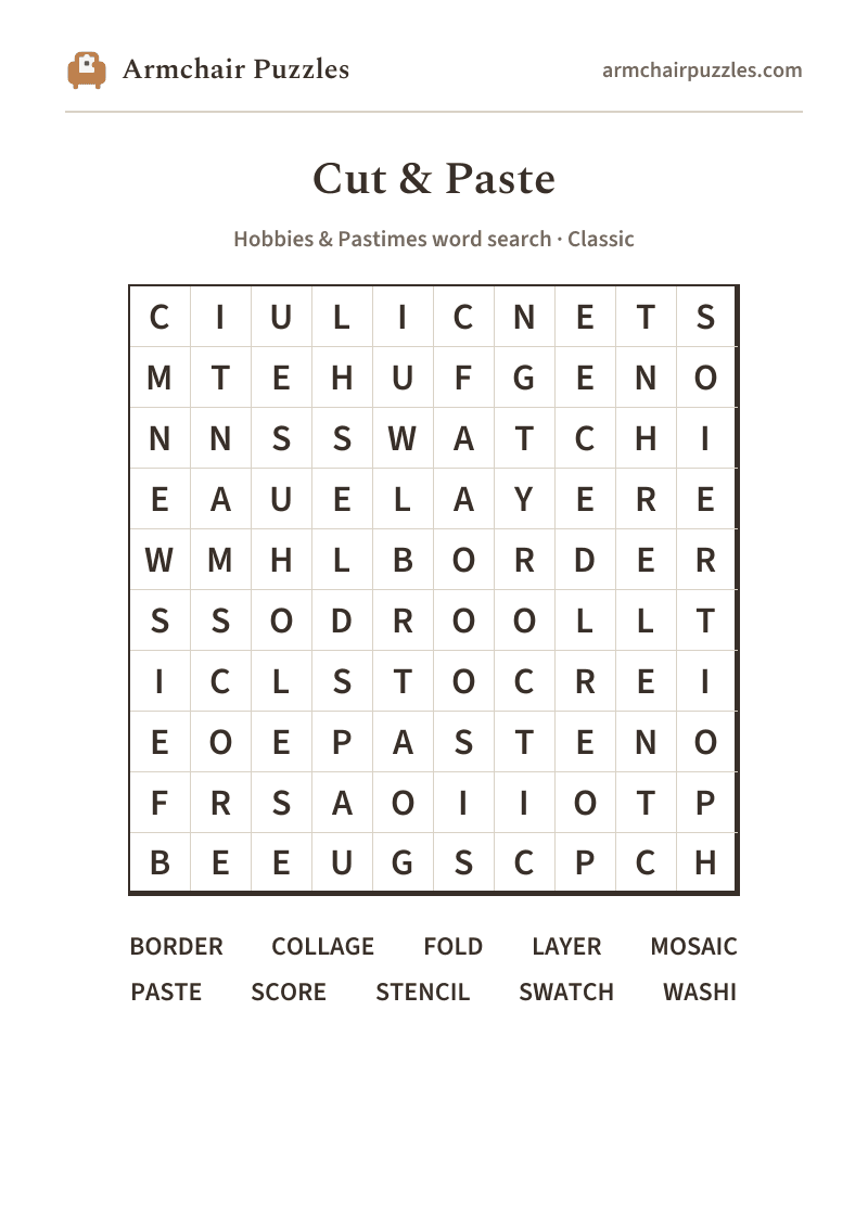 The printable Cut & Paste word search sheet