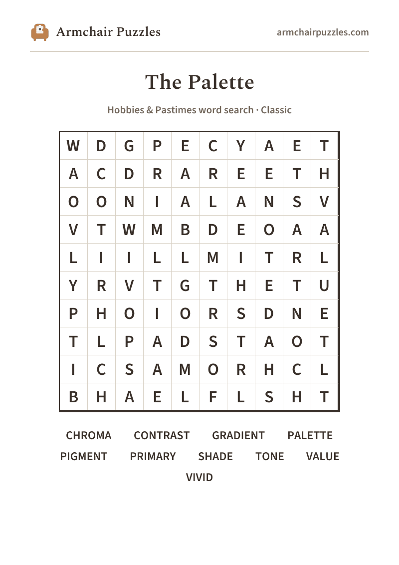 The printable The Palette word search sheet in large print