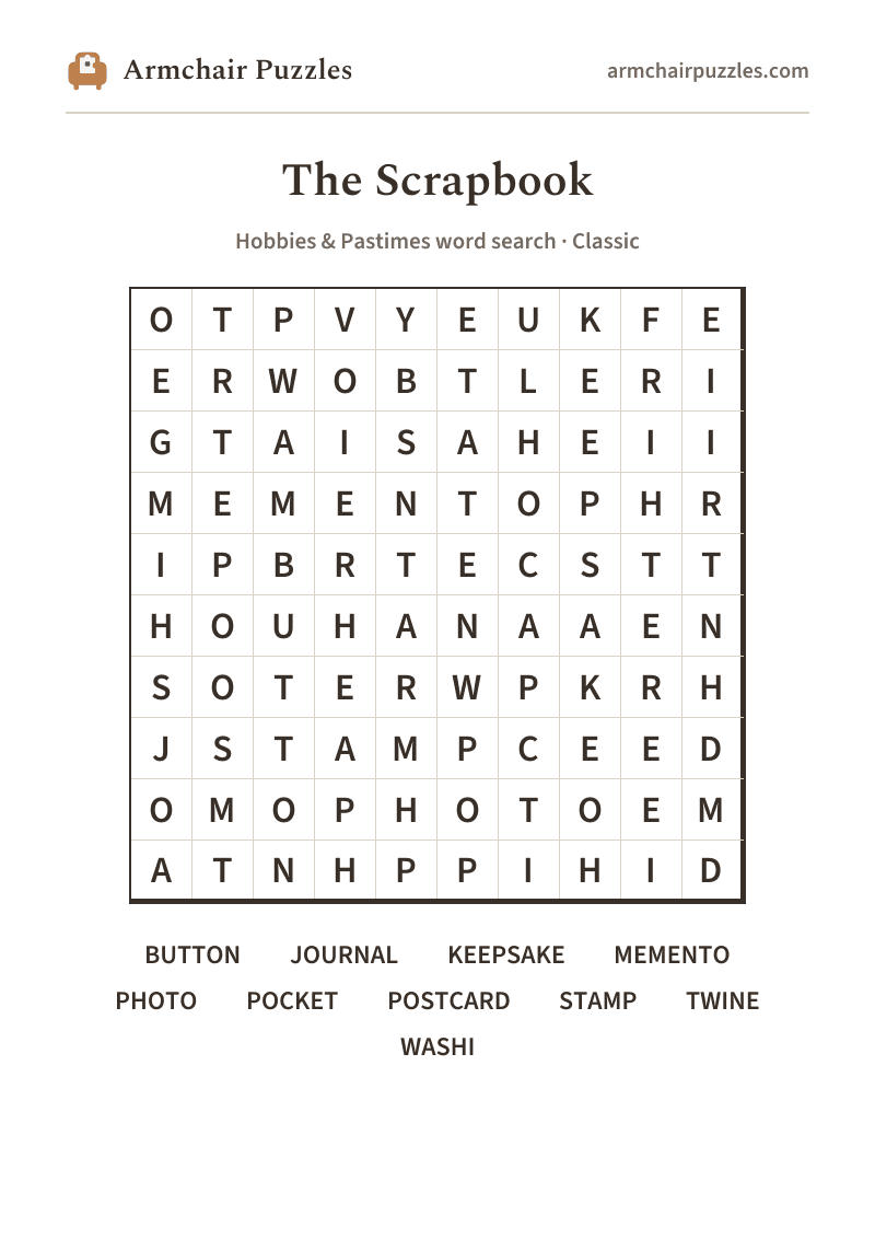 The printable The Scrapbook word search sheet