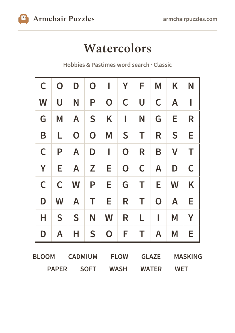 The printable Watercolors word search sheet