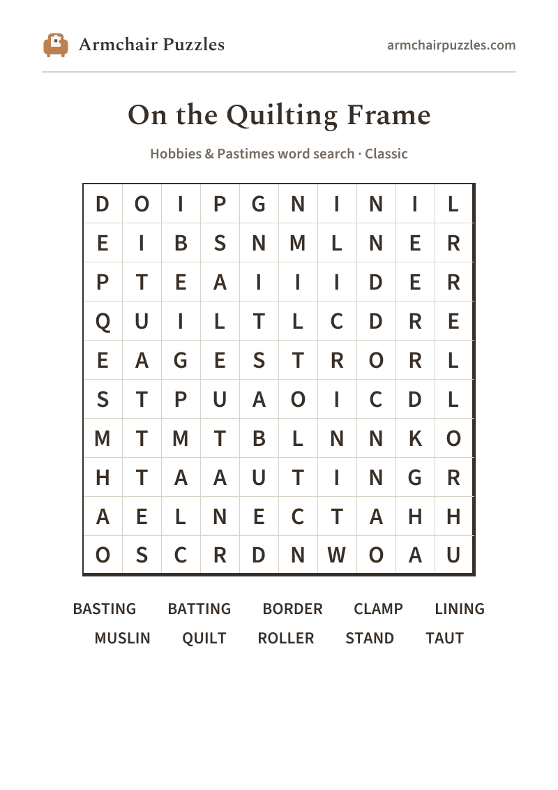 The printable On the Quilting Frame word search sheet in large print
