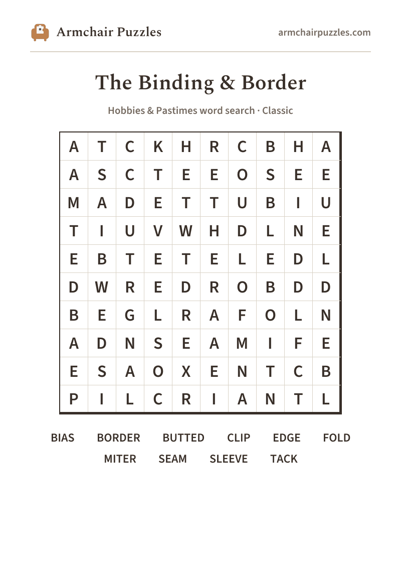 The printable The Binding & Border word search sheet
