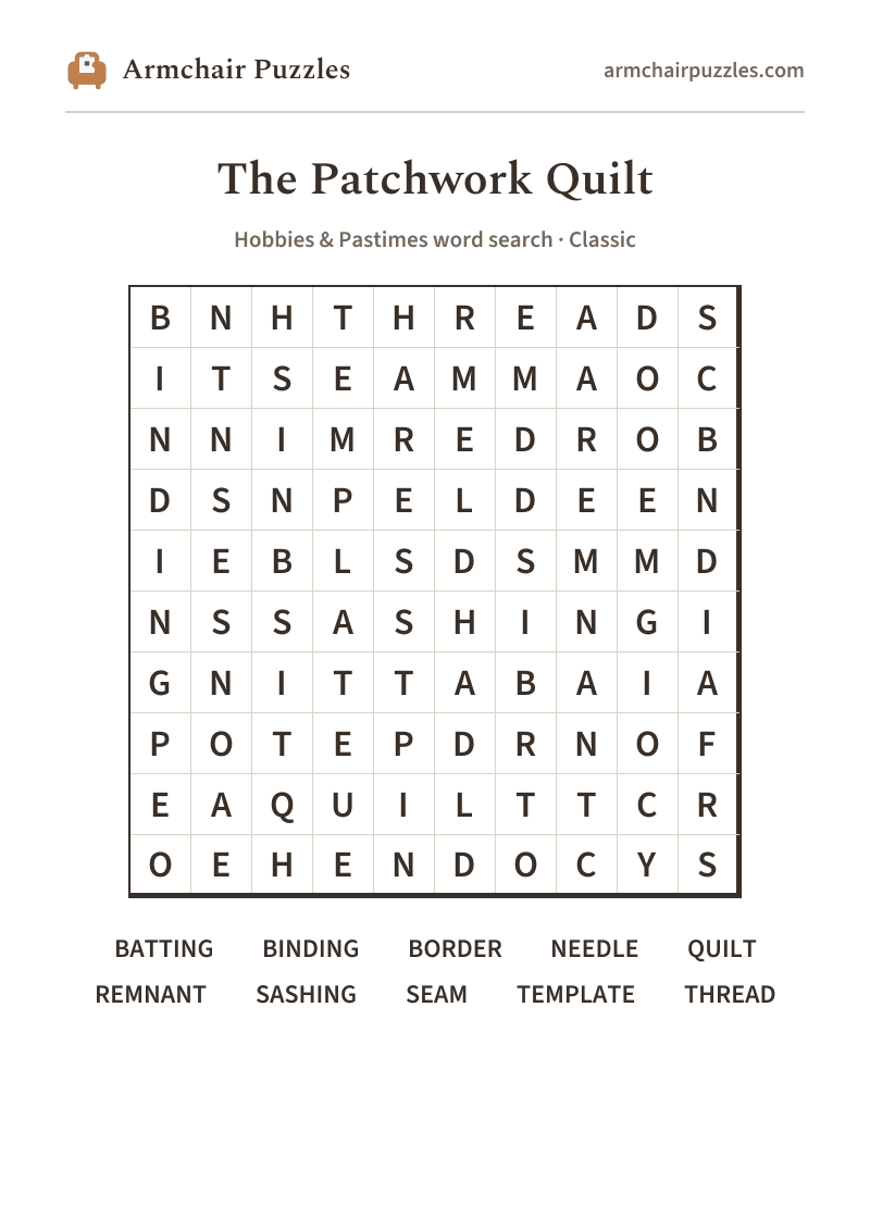 The printable The Patchwork Quilt word search sheet: large-print Classic grid with its word list