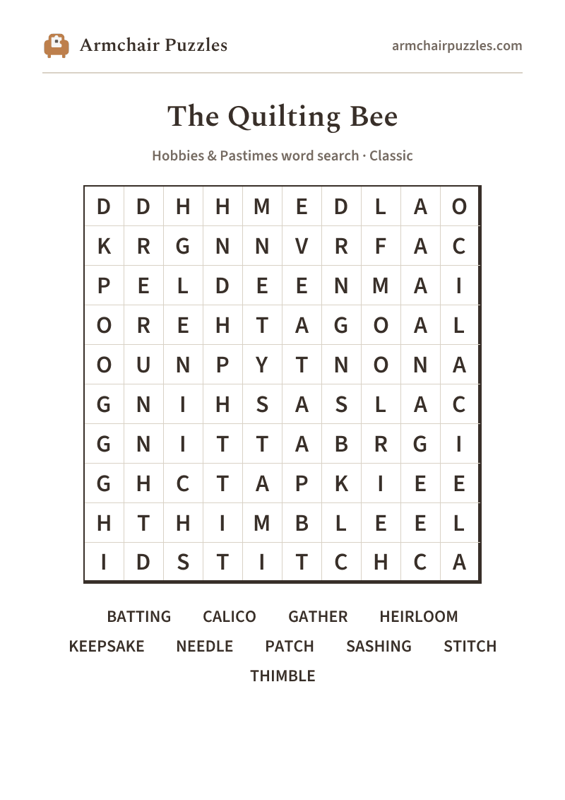 The printable The Quilting Bee word search sheet in large print