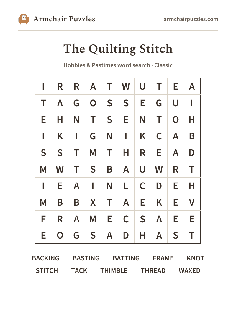 The printable The Quilting Stitch word search sheet