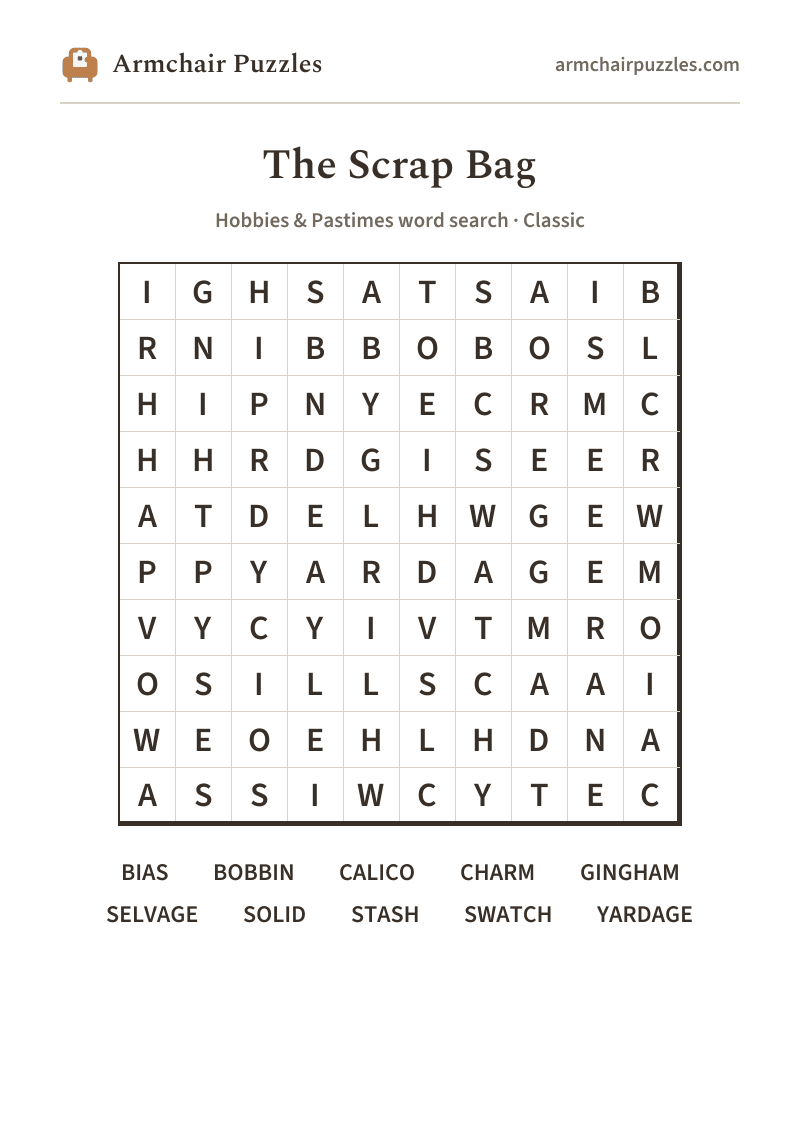 The printable The Scrap Bag word search sheet