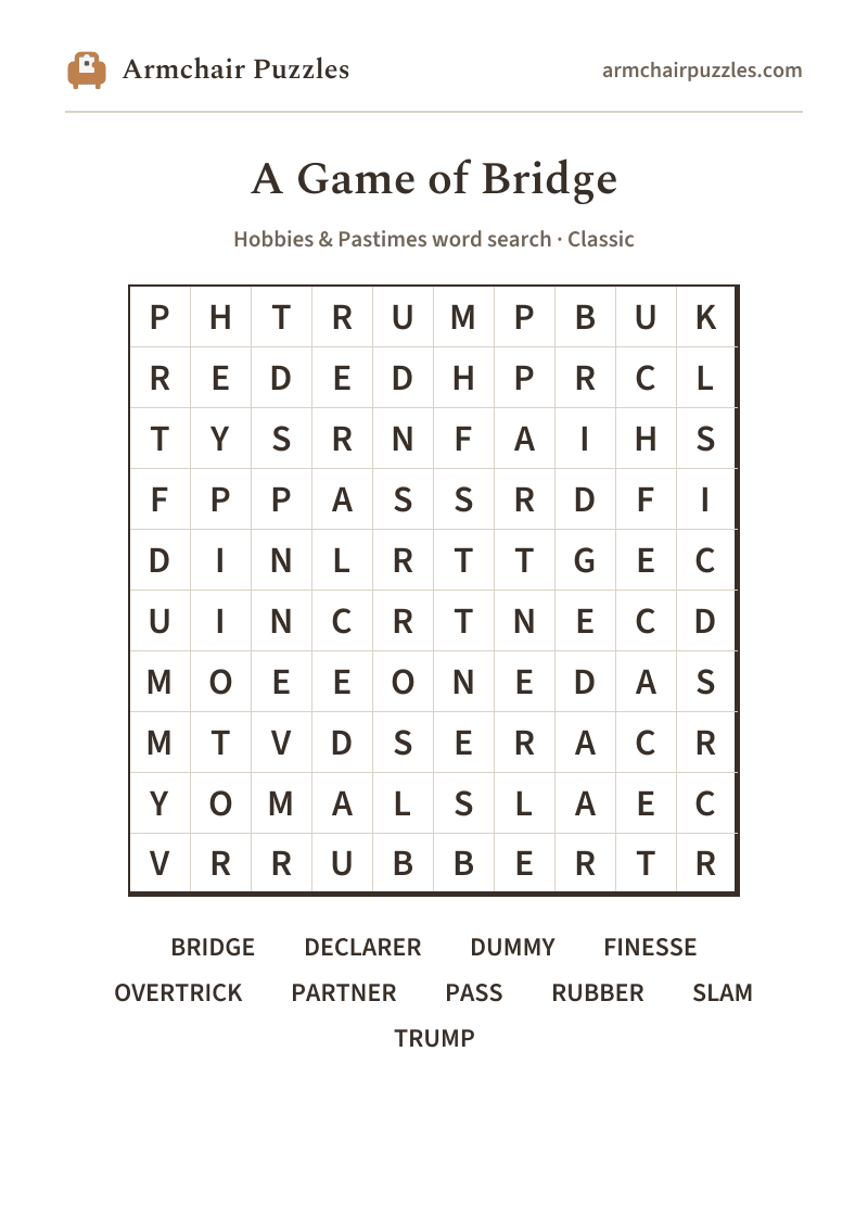 The printable A Game of Bridge word search sheet