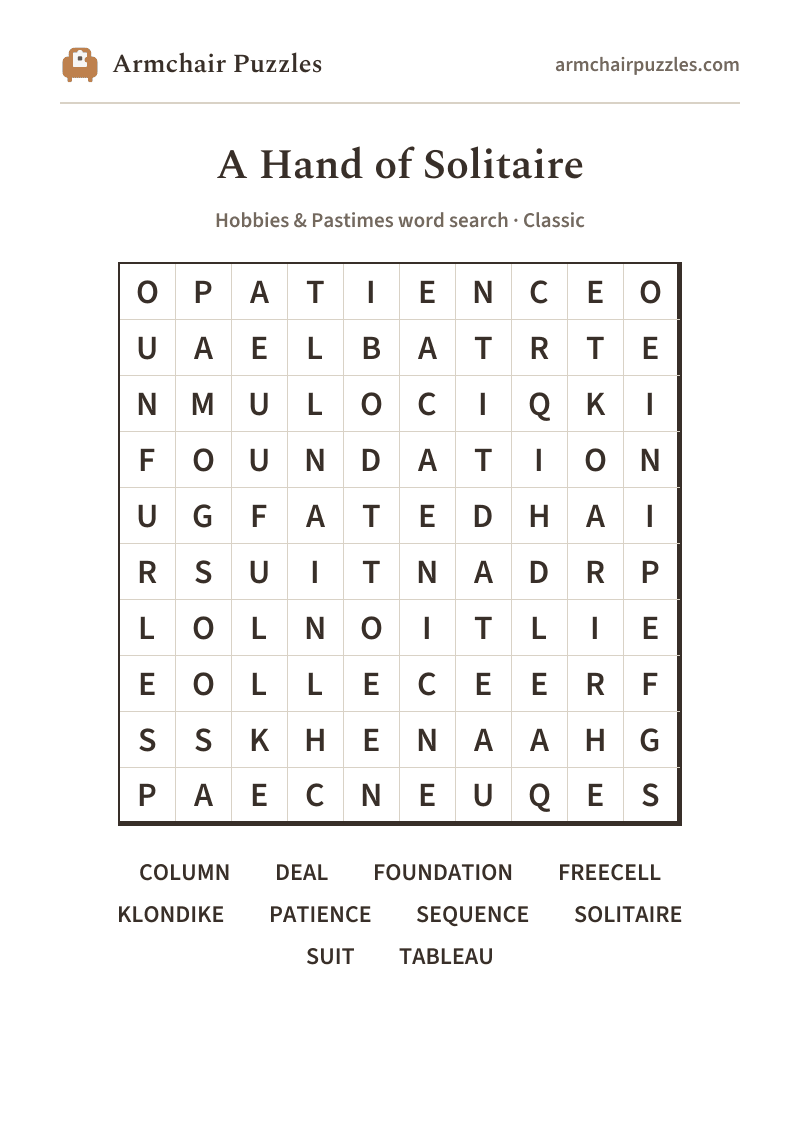 The printable A Hand of Solitaire word search sheet