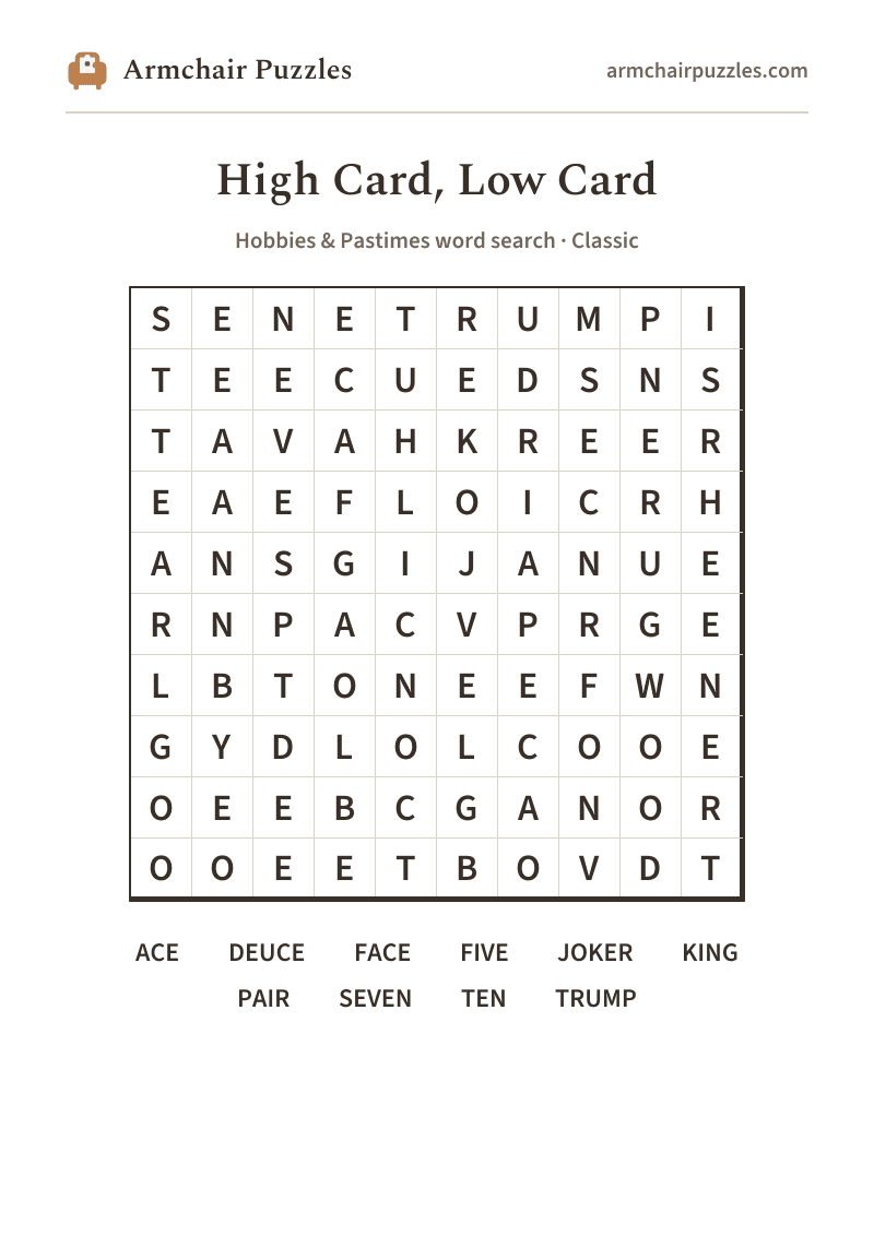 The printable High Card, Low Card word search sheet
