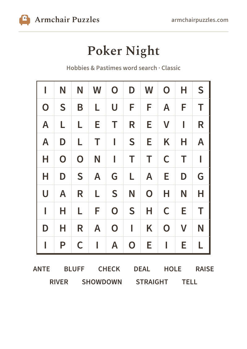 The printable Poker Night word search sheet: large-print Classic grid with its word list