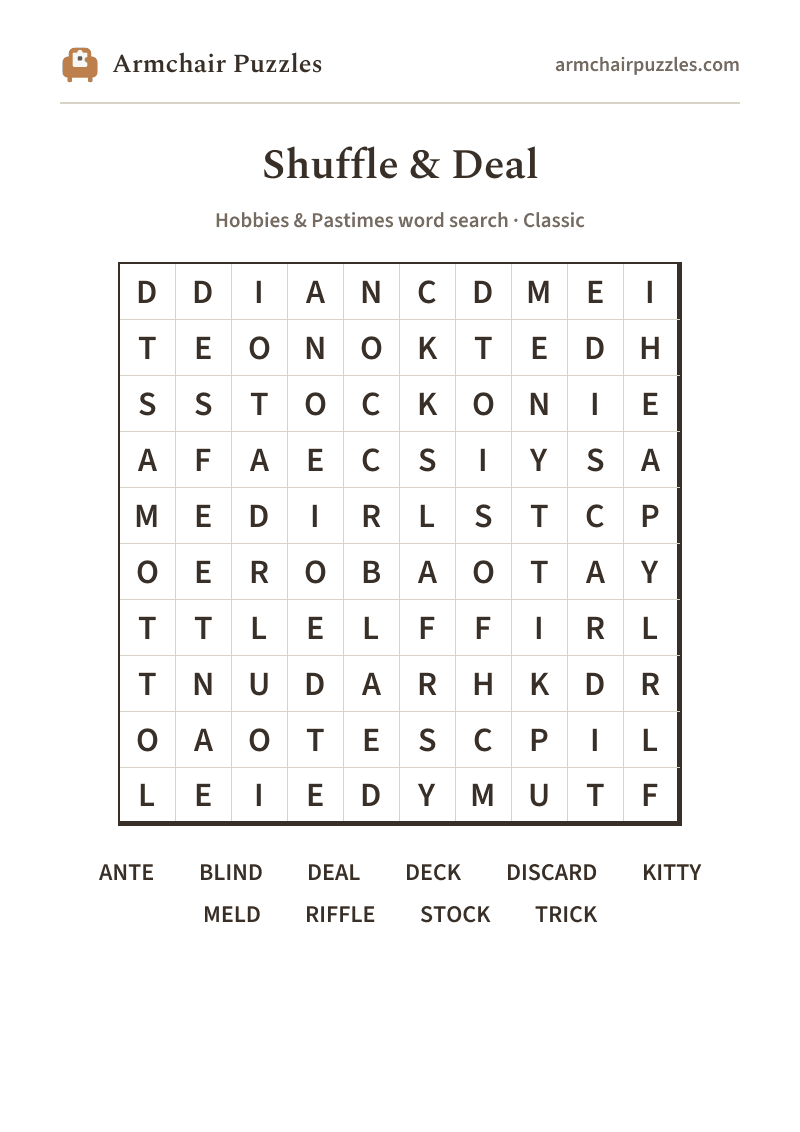 The printable Shuffle & Deal word search sheet