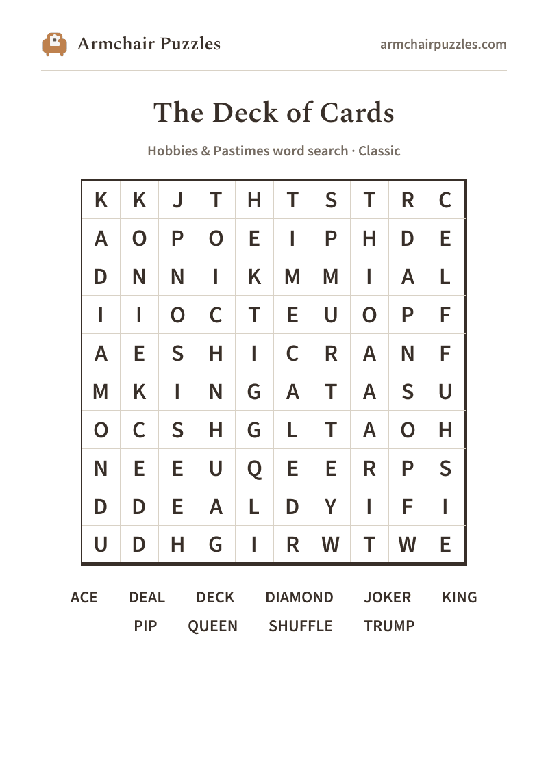 The printable The Deck of Cards word search sheet