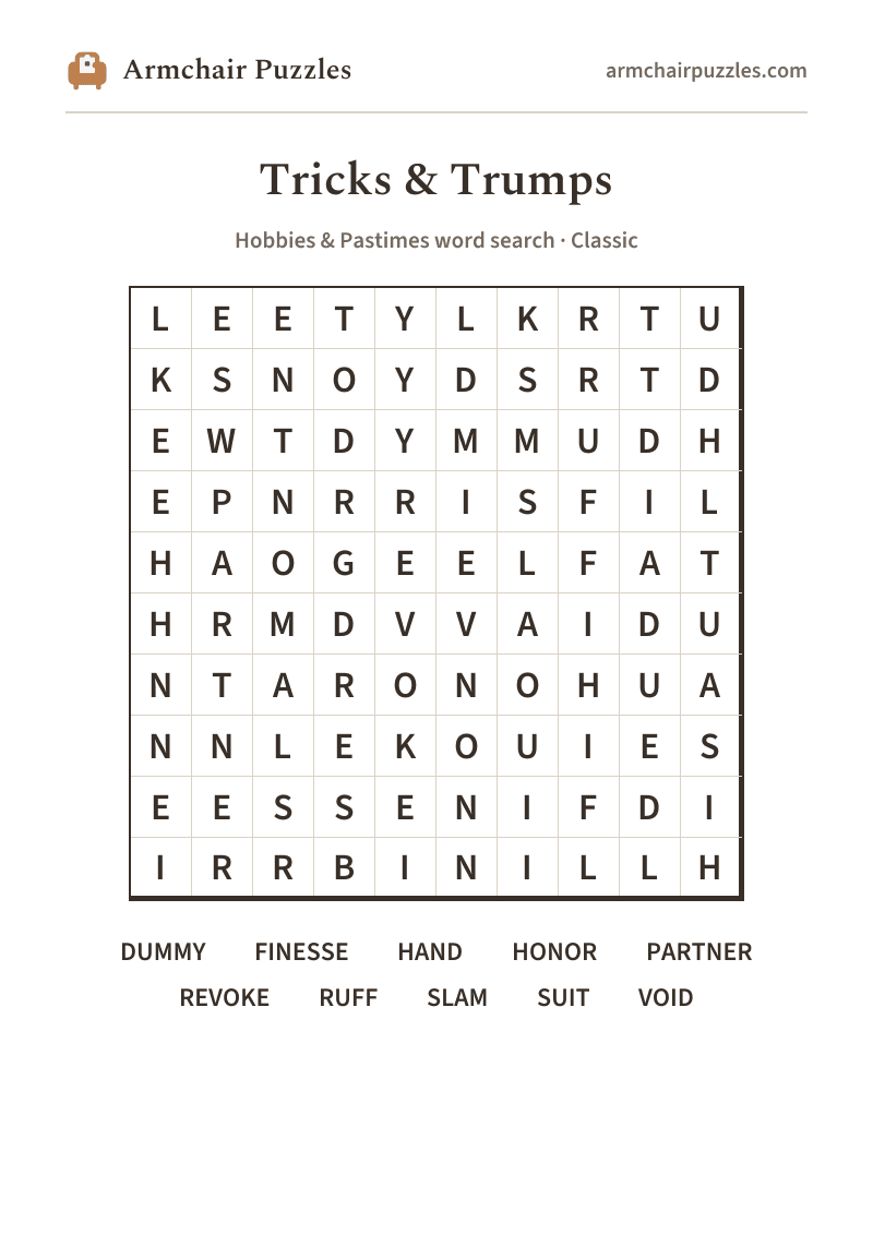 The printable Tricks & Trumps word search sheet in large print