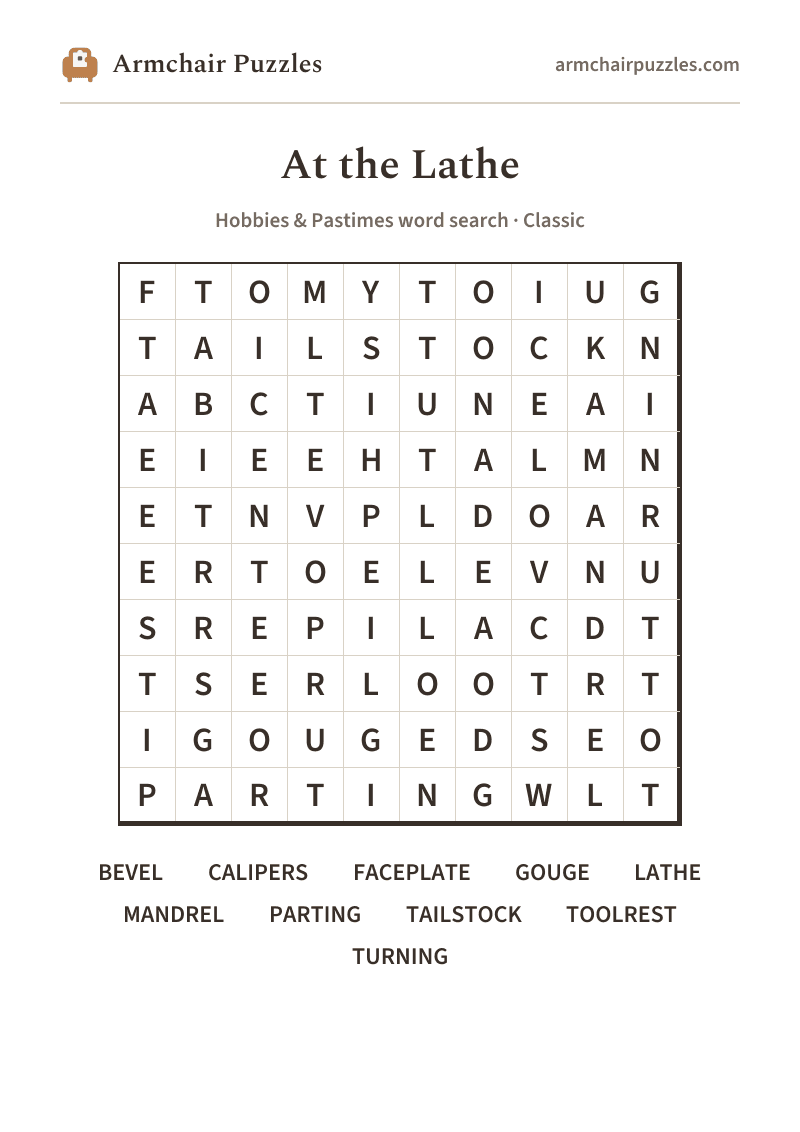The printable At the Lathe word search sheet: large-print Classic grid with its word list