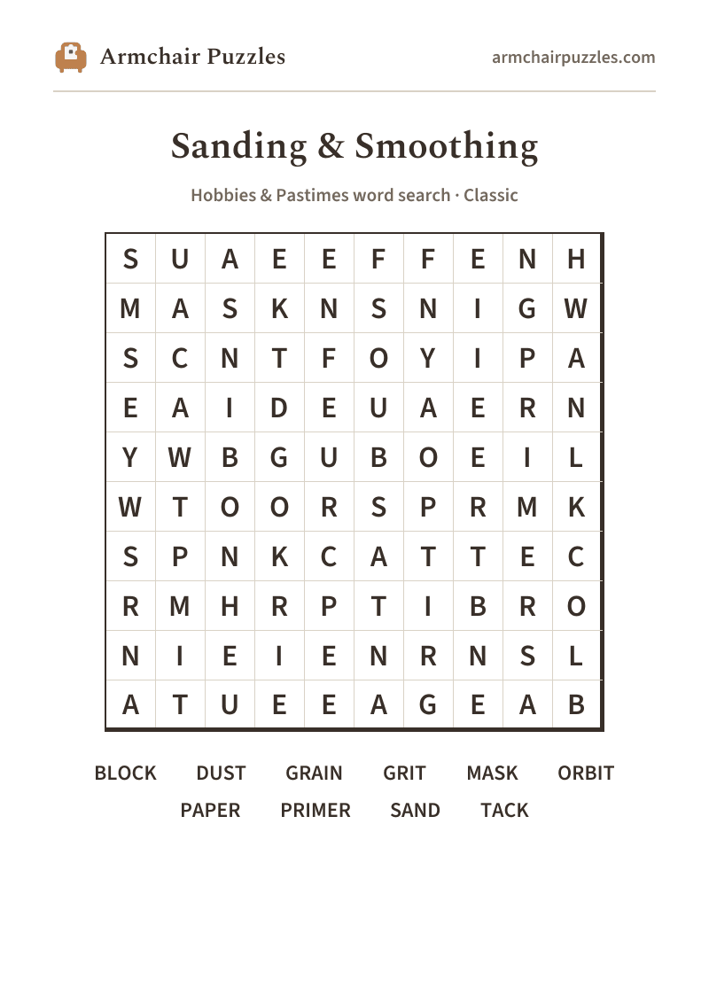 The printable Sanding & Smoothing word search sheet