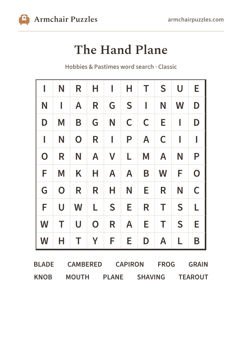 The printable The Hand Plane word search sheet in large print