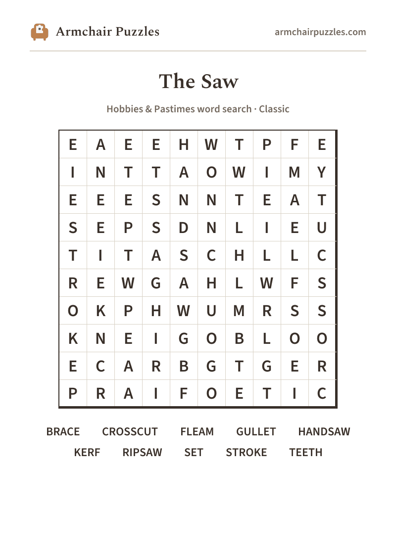 The printable The Saw word search sheet in large print