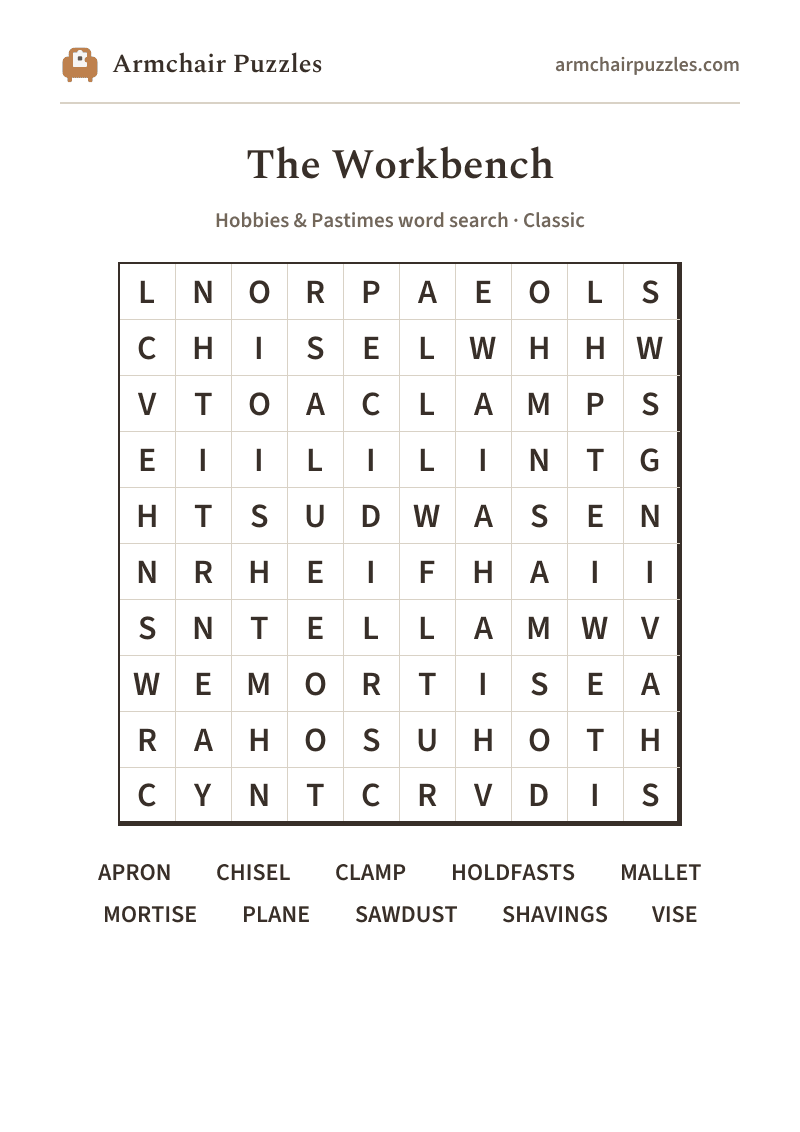 The printable The Workbench word search sheet