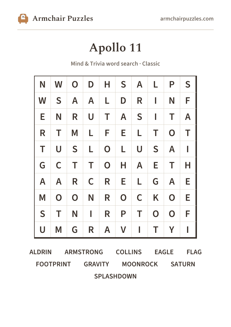 The printable Apollo 11 word search sheet: large-print Classic grid with its word list
