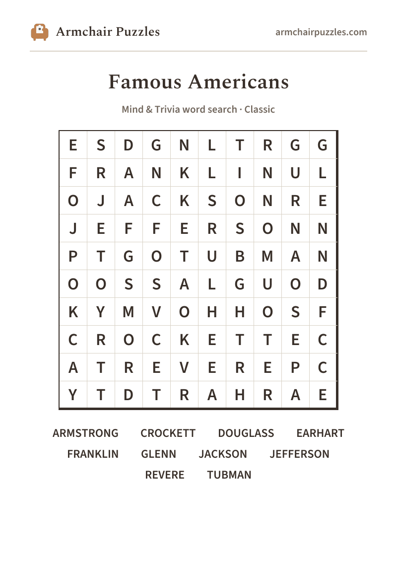 The printable Famous Americans word search sheet