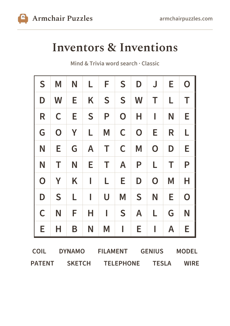 The printable Inventors & Inventions word search sheet