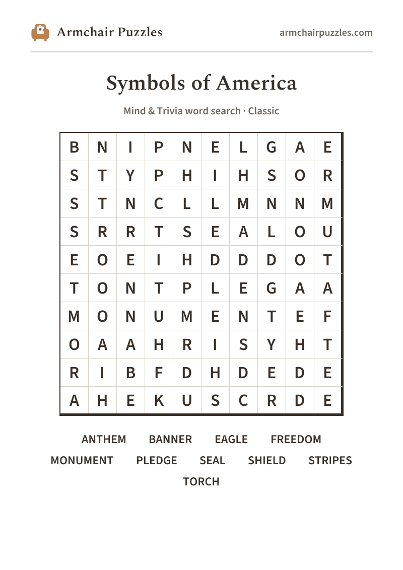 The printable Symbols of America word search sheet