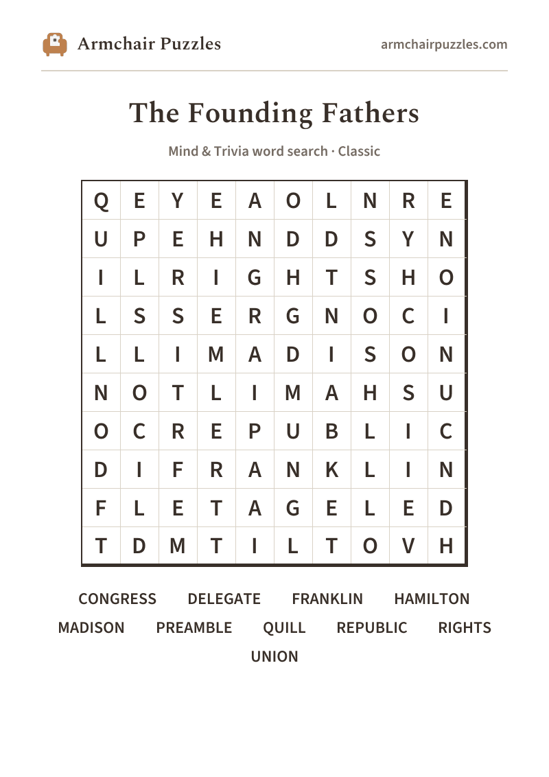 The printable The Founding Fathers word search sheet