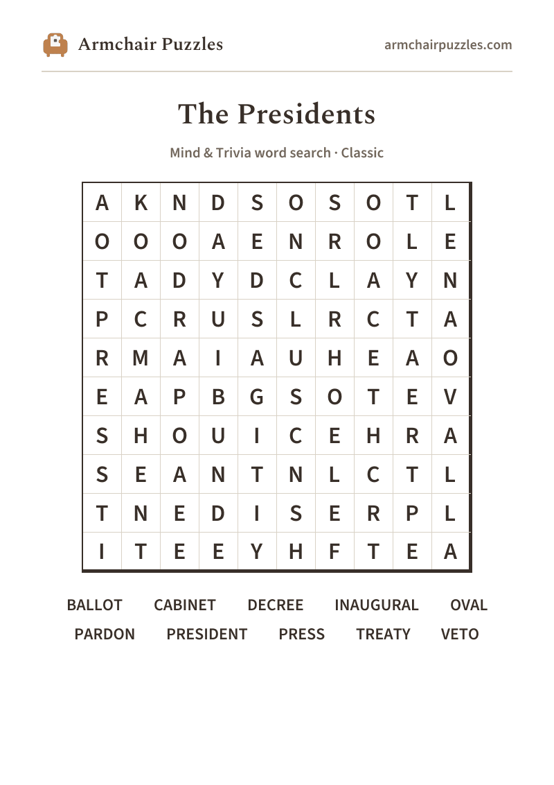 The printable The Presidents word search sheet