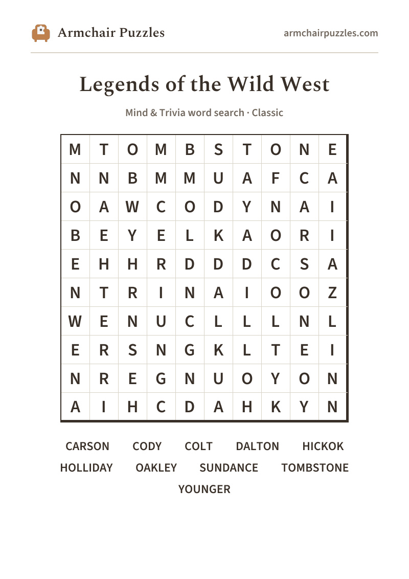 The printable The Wild West word search sheet