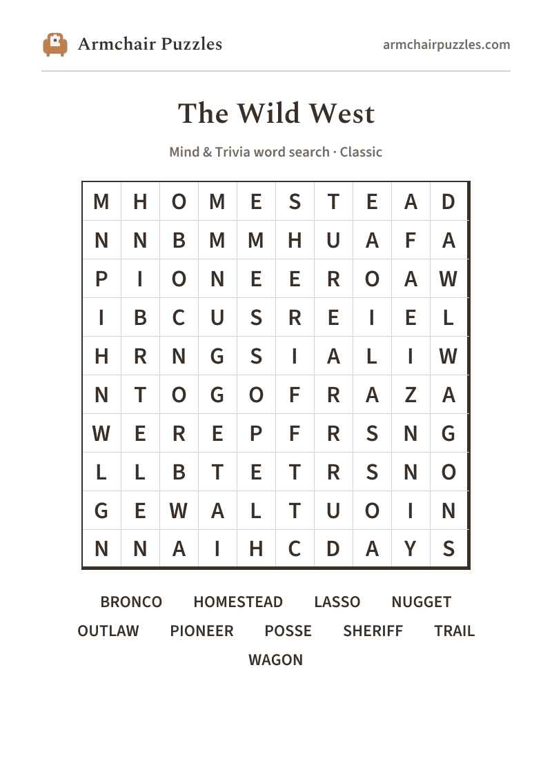 The printable The Wild West word search sheet
