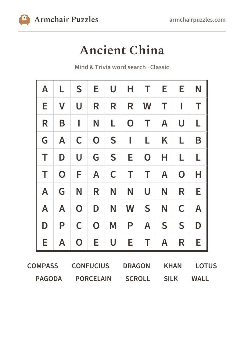 The printable Ancient China word search sheet: large-print Classic grid with its word list