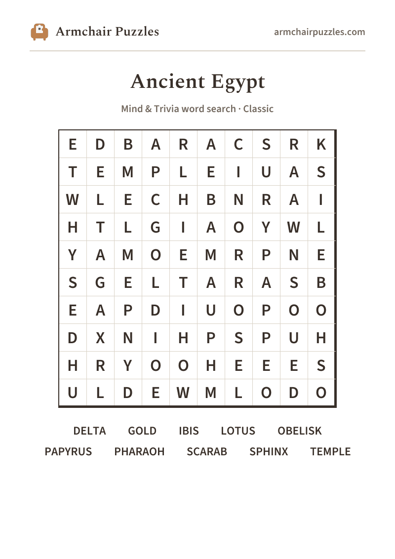 The printable Ancient Egypt word search sheet: large-print Classic grid with its word list
