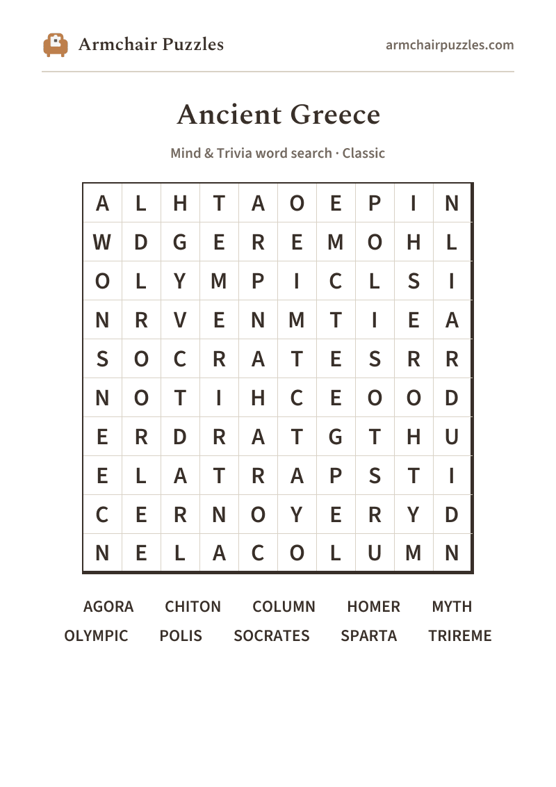 The printable Ancient Greece word search sheet in large print