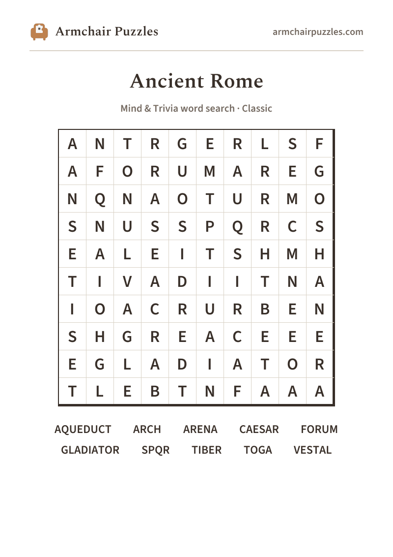The printable Ancient Rome word search sheet